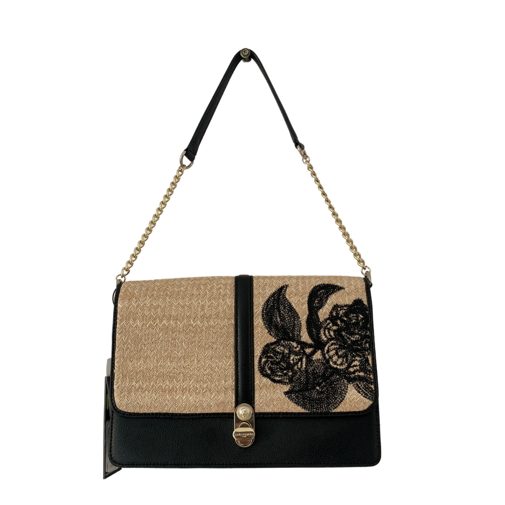 Karl Lagerfeld Black & Beige Thatched Flap Shoulder Bag | Brand New |