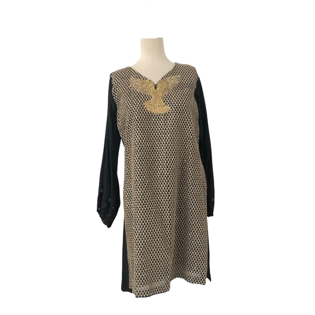 Agha Noor Black and Gold Embroidered Kurta | Gently Used |