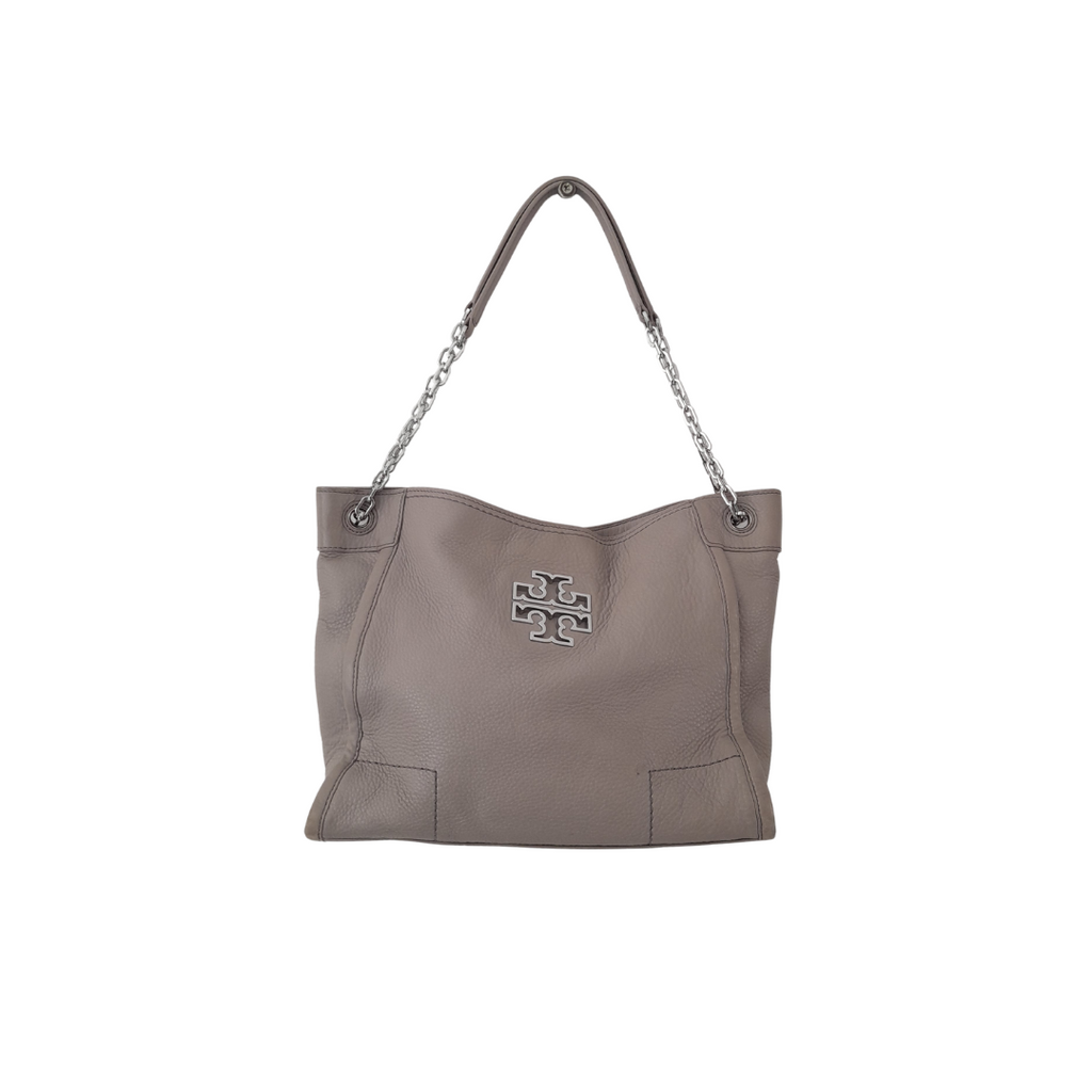 Tory Burch Light Grey Leather Britten Tote Bag | Pre Loved |