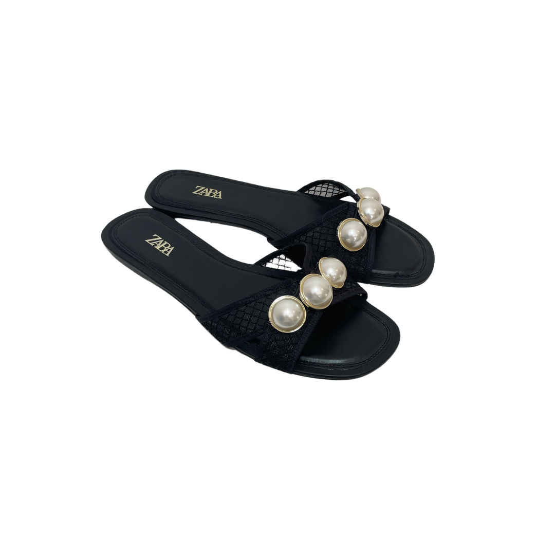 Zara Flat Sandals Pearl Shoes Zara ZARA Black Pearl Slides Pre