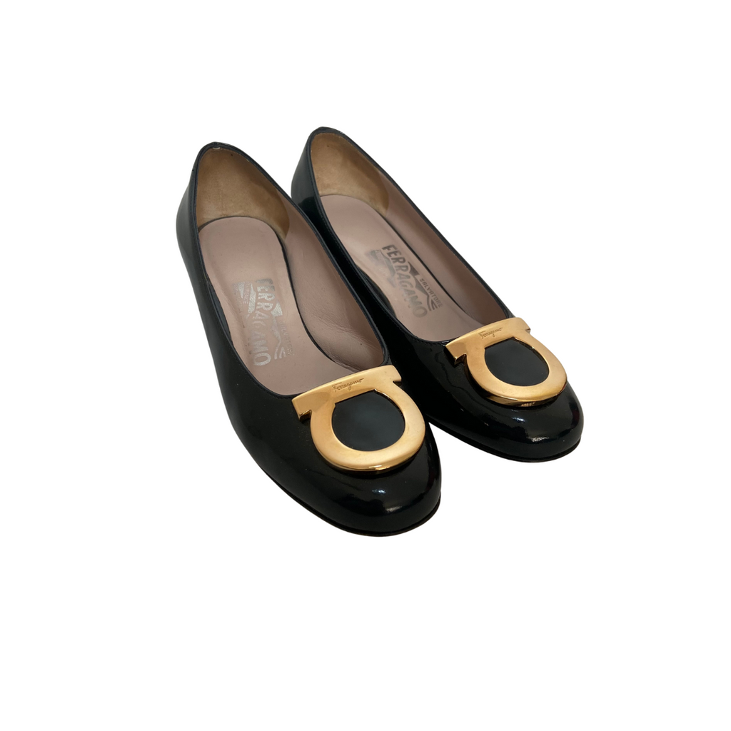 Salvatore Ferragamo Black Patent Leather Large Logo Toe Block Heels | Gently Used |