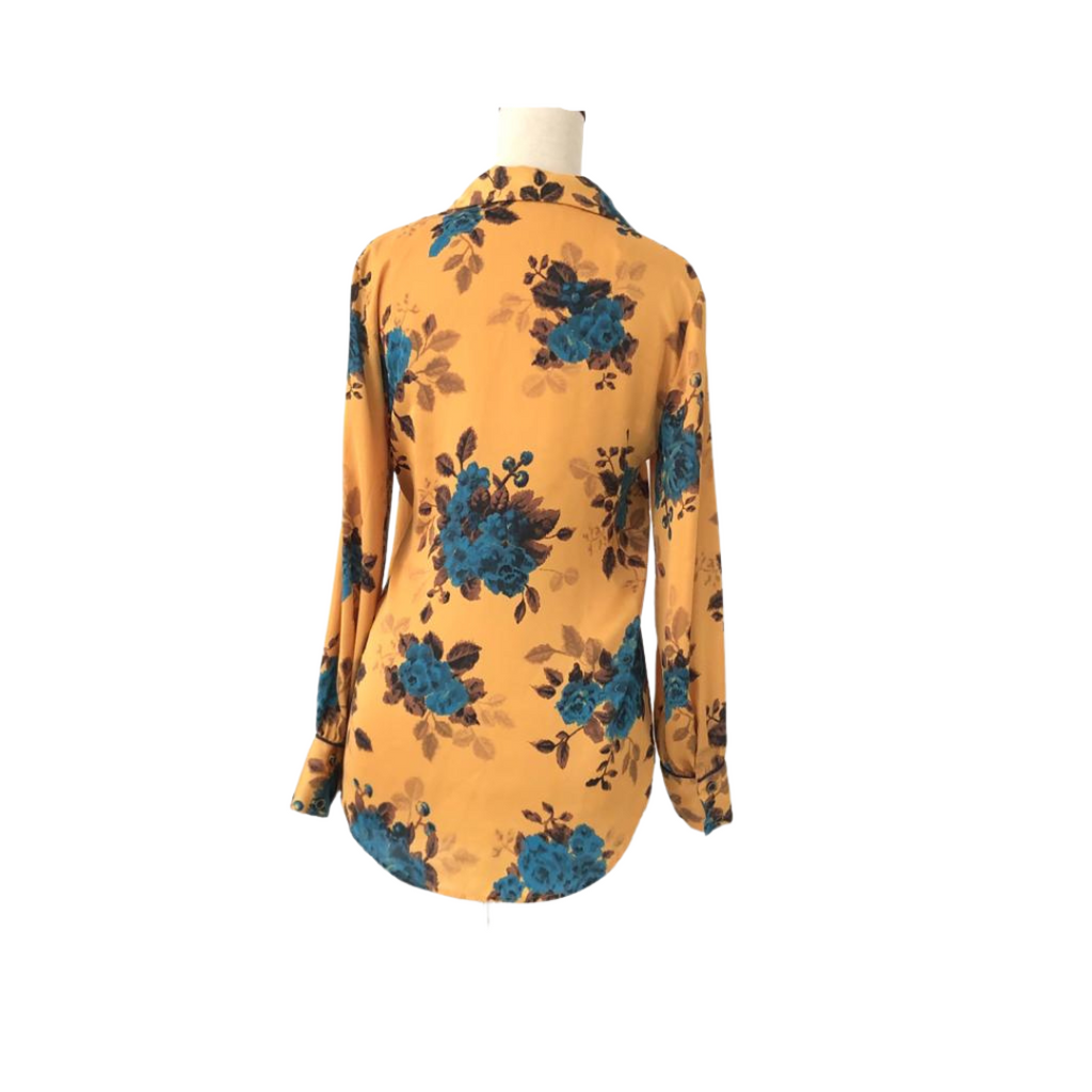 ZARA Yellow Floral Printed Satin Collared Shirt | Gently Used |