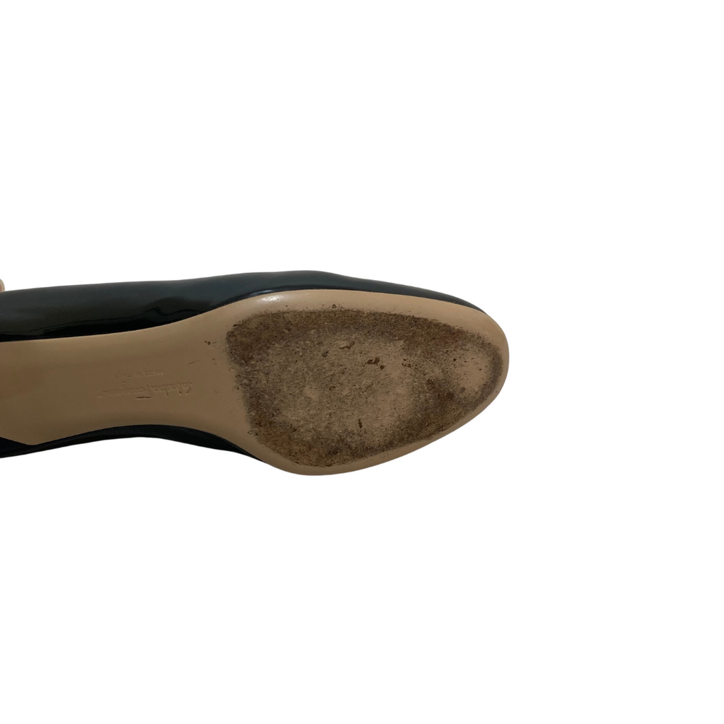Salvatore Ferragamo Black Patent Leather Large Logo Toe Block Heels | Gently Used |