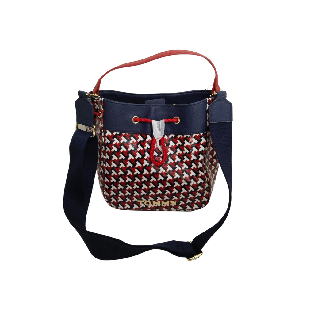 Tommy Hilfiger Red & Blue Printed Drawstring Crossbody Bag | Brand New |