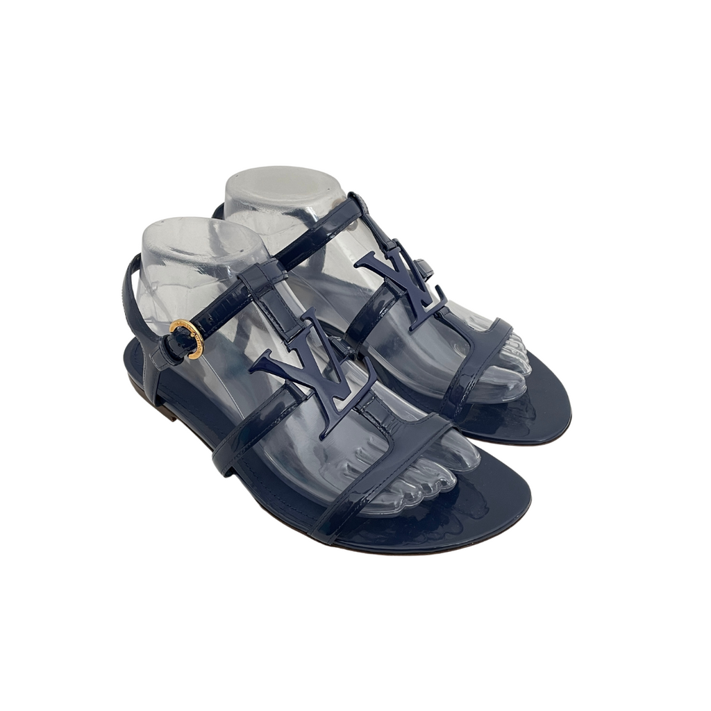 Louis Vuitton Navy Patent Leather Logo Sandals | Pre Loved |