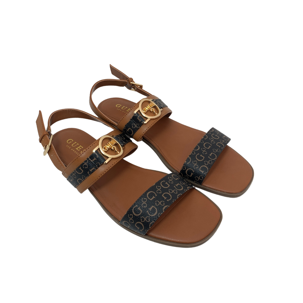 Guess Tan Dual Strap Monogram Sandals | Brand New |