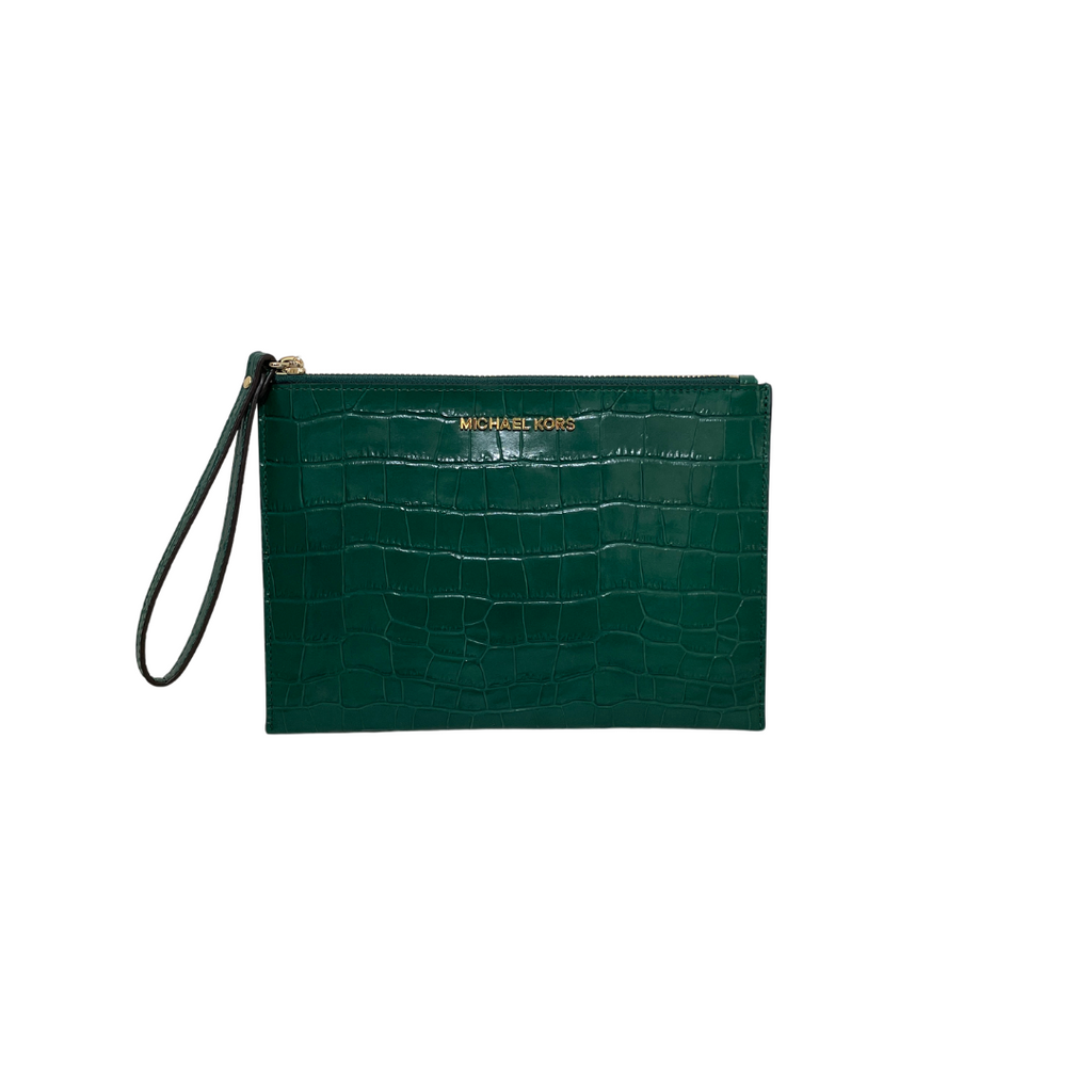 Michael Kors Emerald Embossed Leather Extra Large Zip Clutch | Brand New |