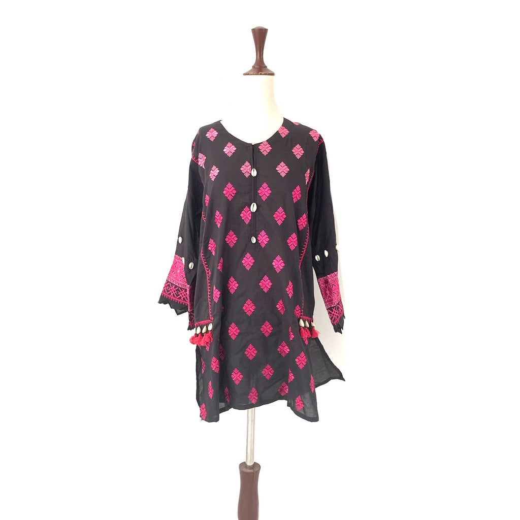 Khaadi Black Cotton with Pink Embroidery Kurta | Brand New |