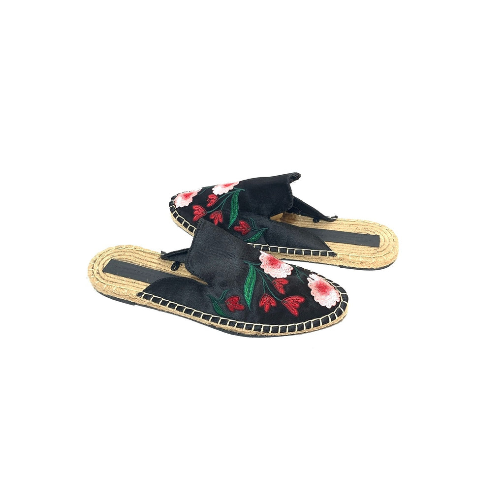 Zara Black Floral Embroidered Flat Mules | Like New |