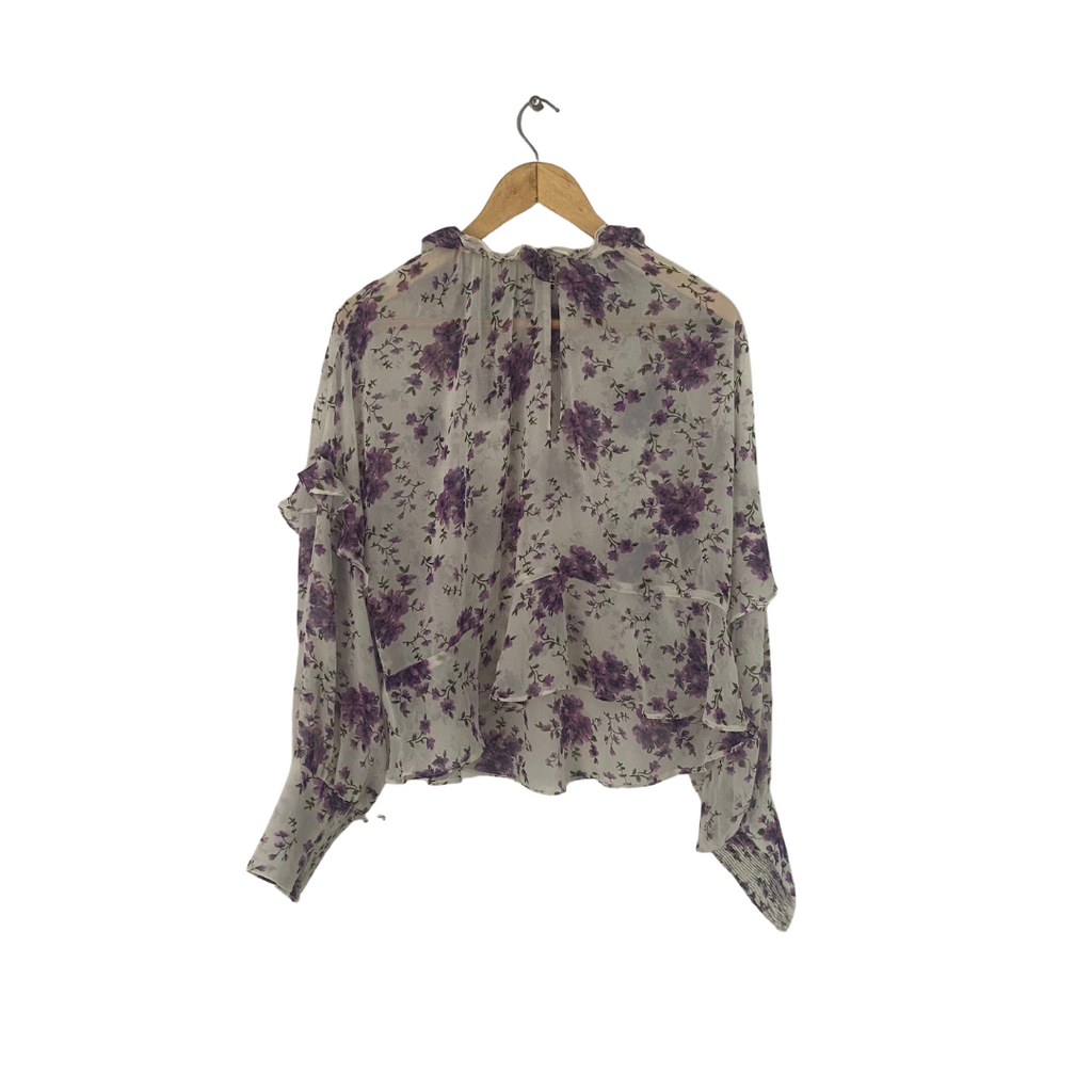 ZARA White & Purple Floral Print Sheer Blouse | Brand New |