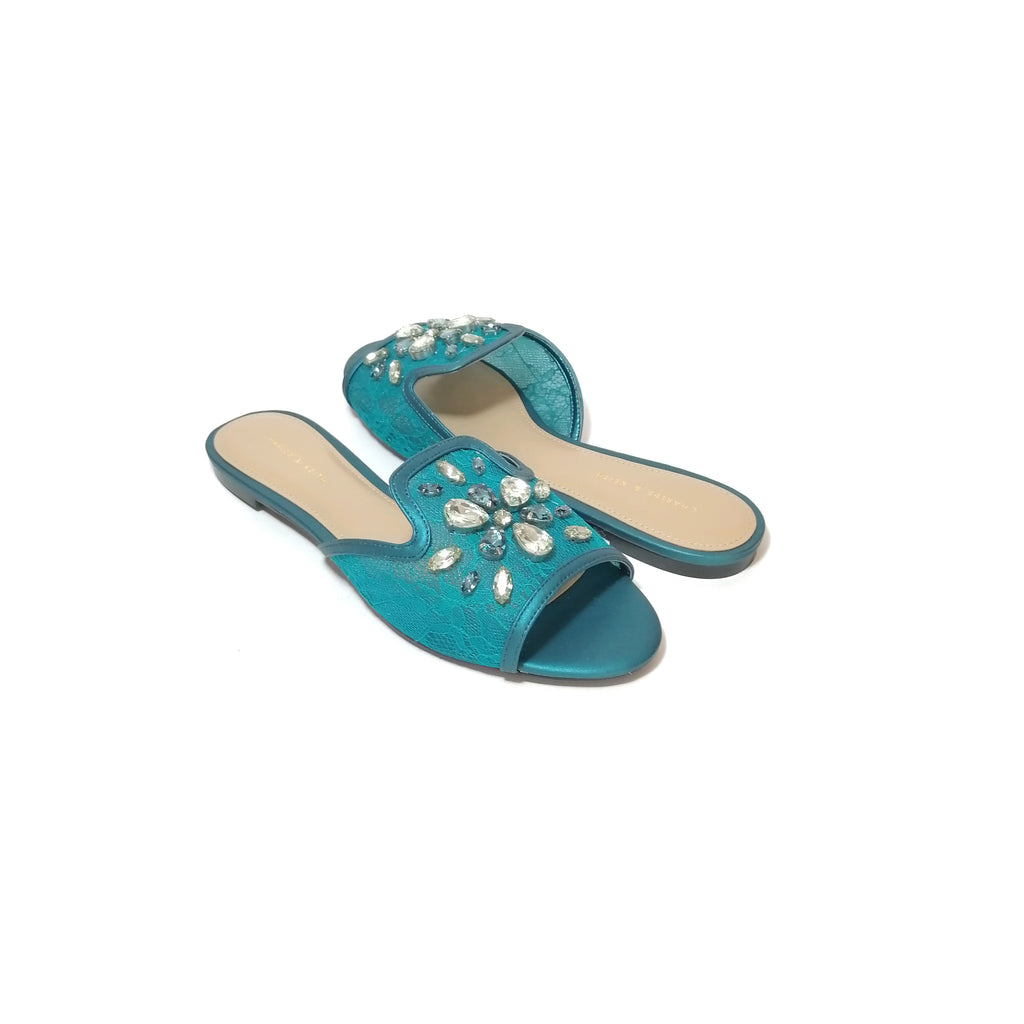 Charles & Keith Teal Sequins Slide Sandals