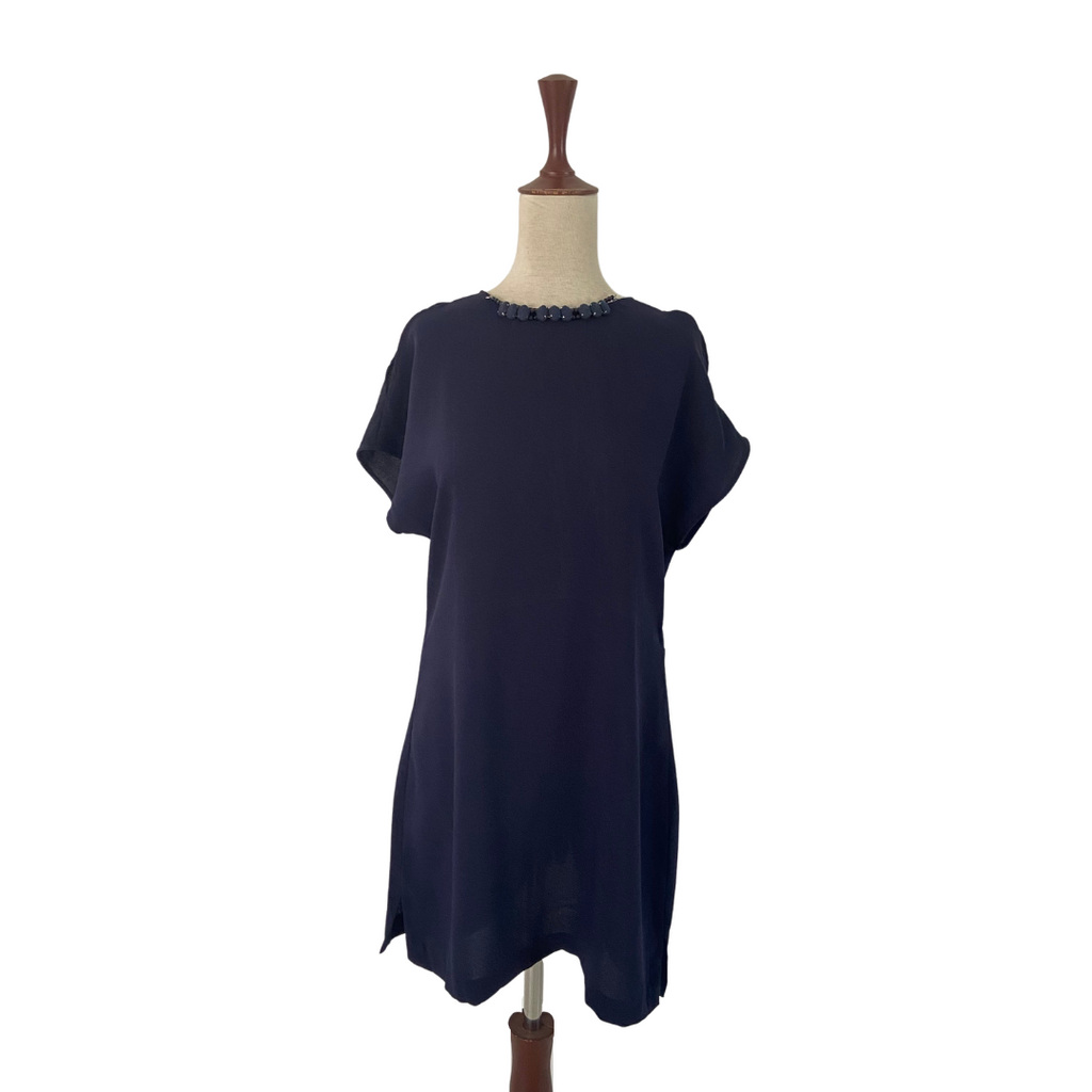 ZARA Navy Blue Rhinestone Neckline Dress | Gently Used |