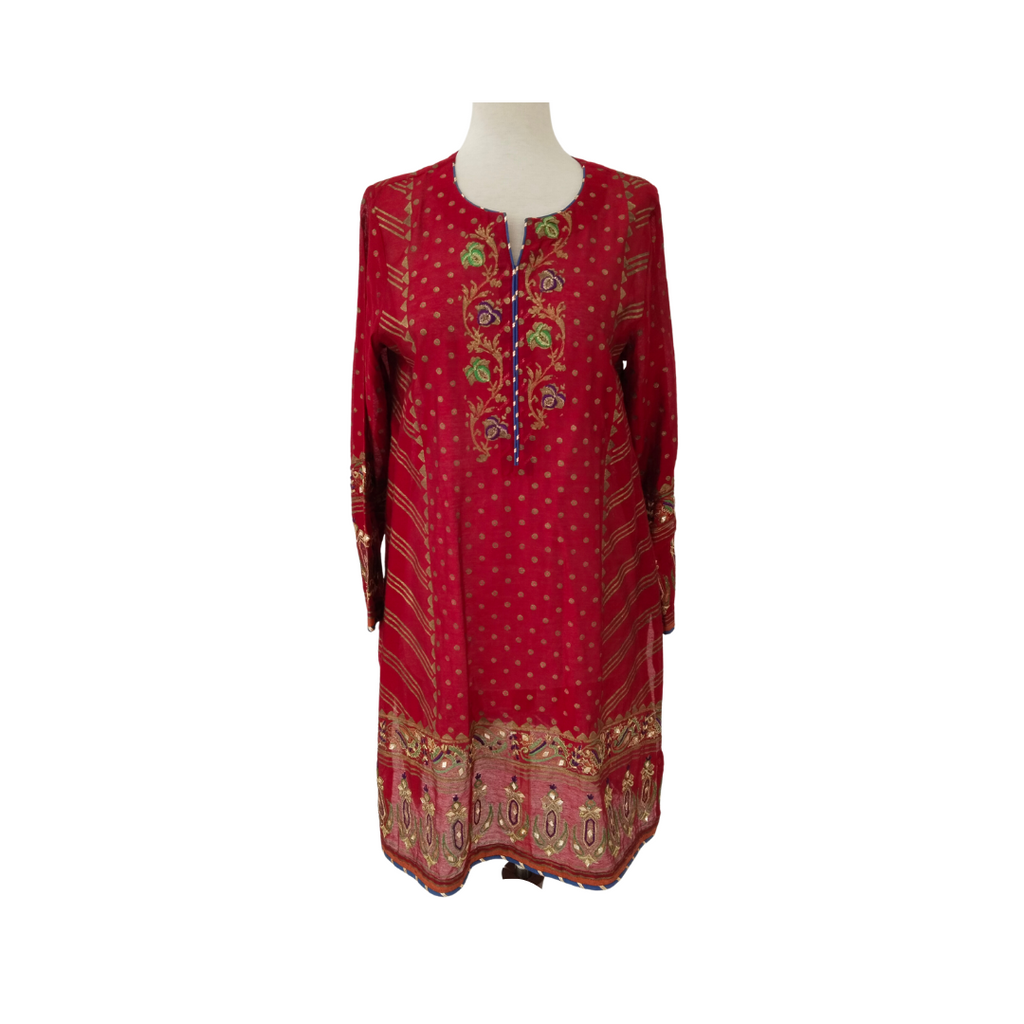 Hina Khan Red Cotton Net Block Print Embroidered Kurta | Gently Used |