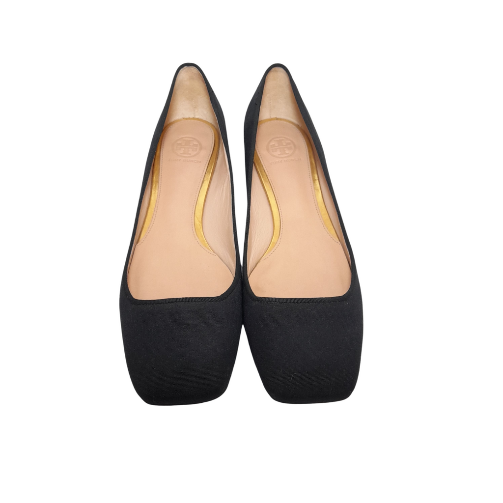 Tory Burch Black Canvas Square-toe Block Heels | Pre Loved |