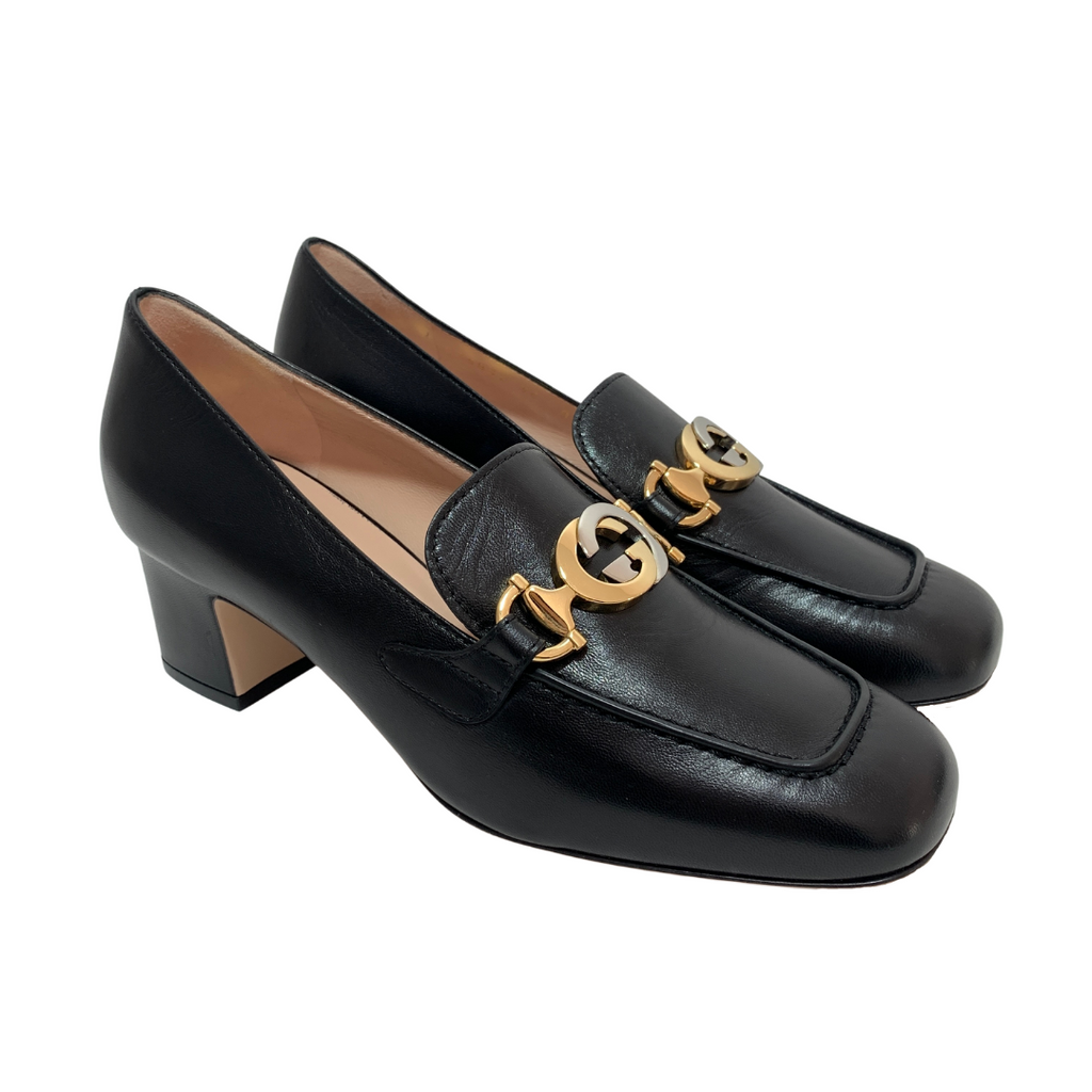 Gucci Black Leather 'Zumi' Block-heel Loafers | Like New |