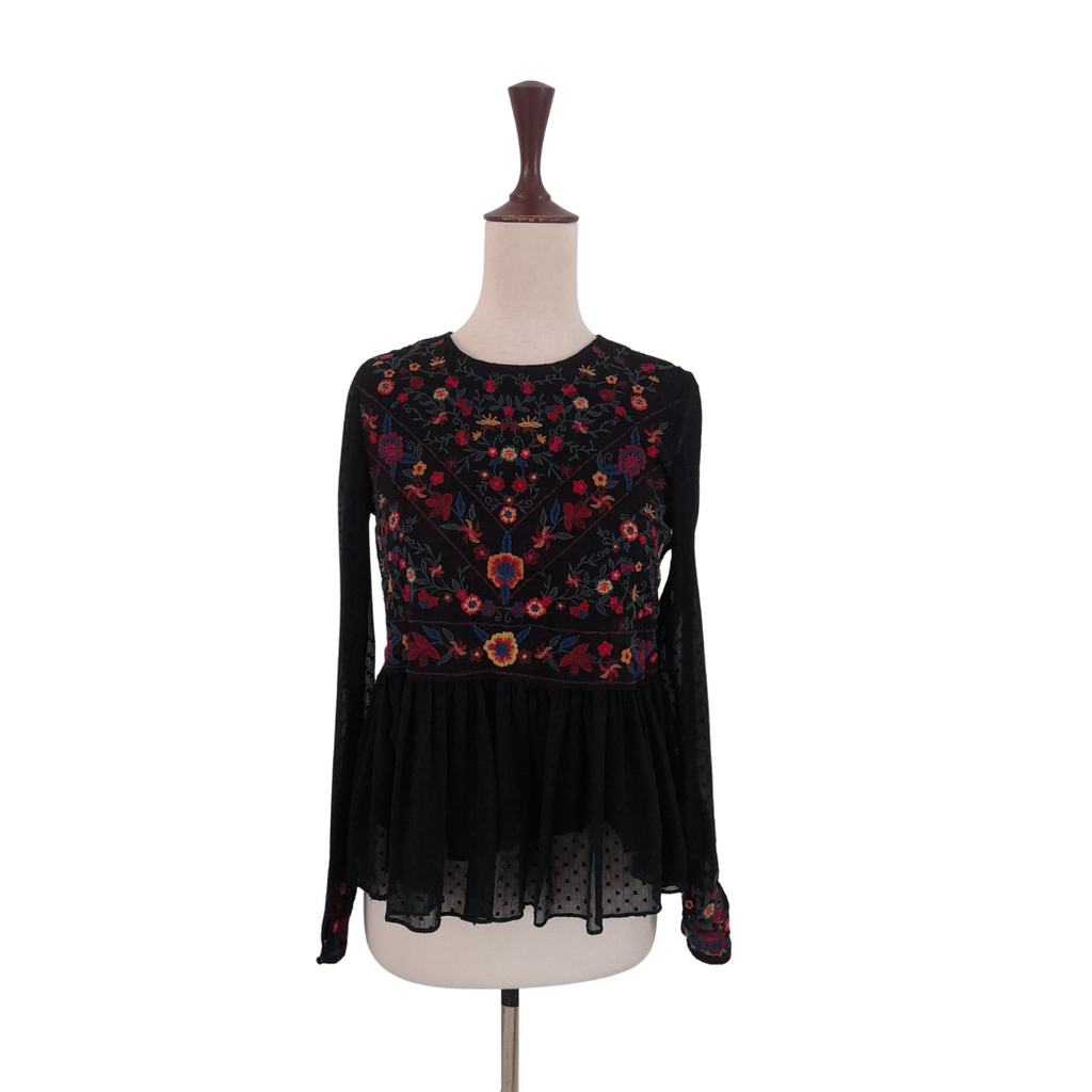 ZARA Black Floral Embroidered Peplum Top | Gently Used |