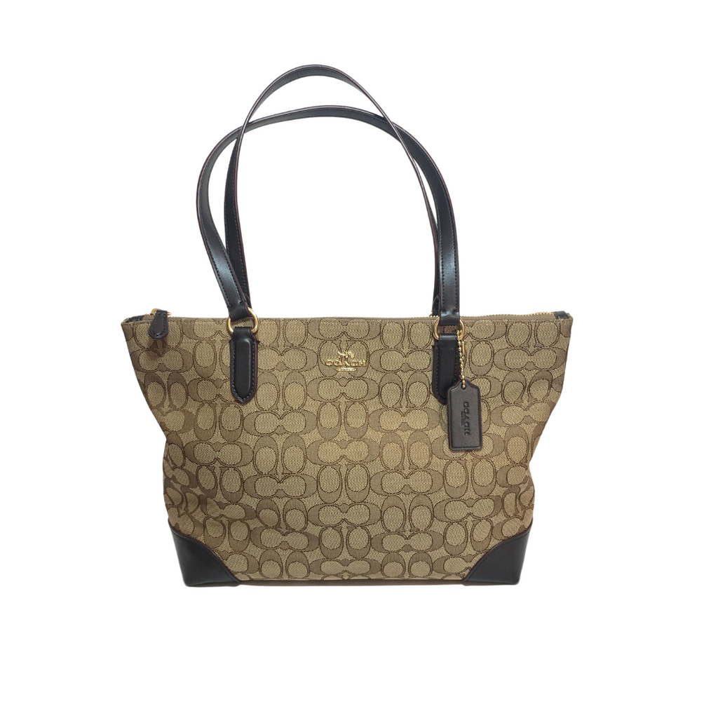 Coach Khaki Monogram Canvas & Leather Zip Tote | Like New |
