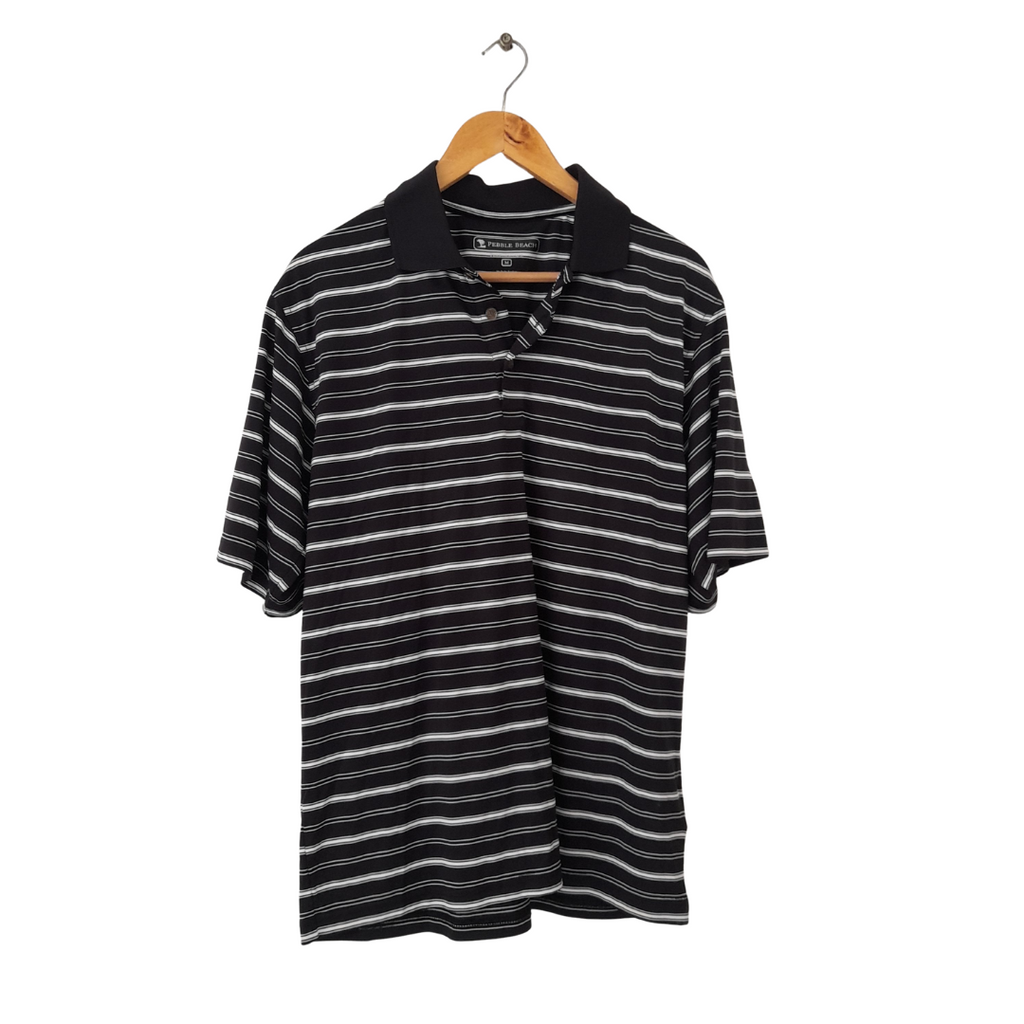 Pebble Beach Black and White Striped Dri-fit Polo Men's Shirt | Gently Used |