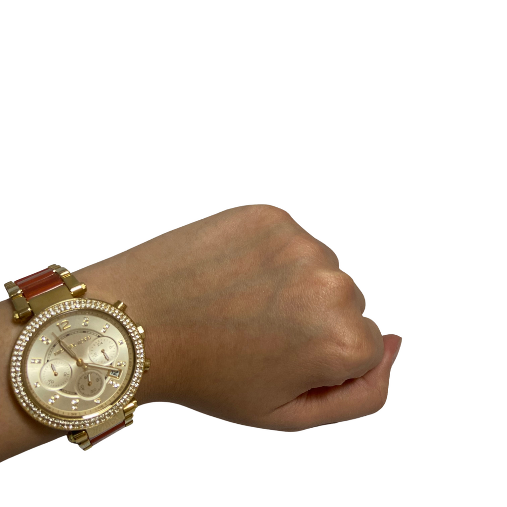 MIchael Kors MK6139 Gold & Coral Rhinestone Watch | Gently Used |