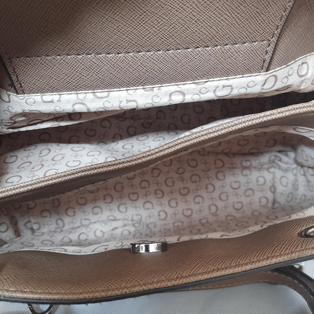 Guess Light Brown Monogram Satchel with Silver Tag | Like New |