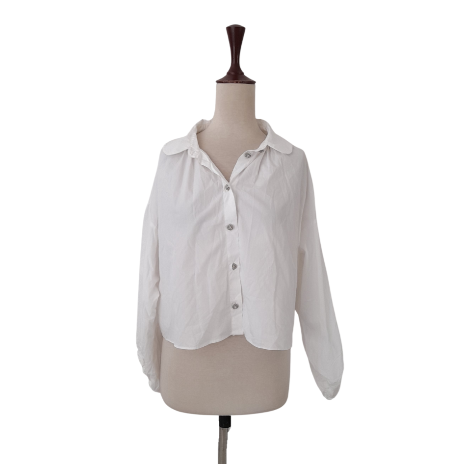 ZARA White Puffed Sleeves Cropped Collared Shirt | Gently Used |