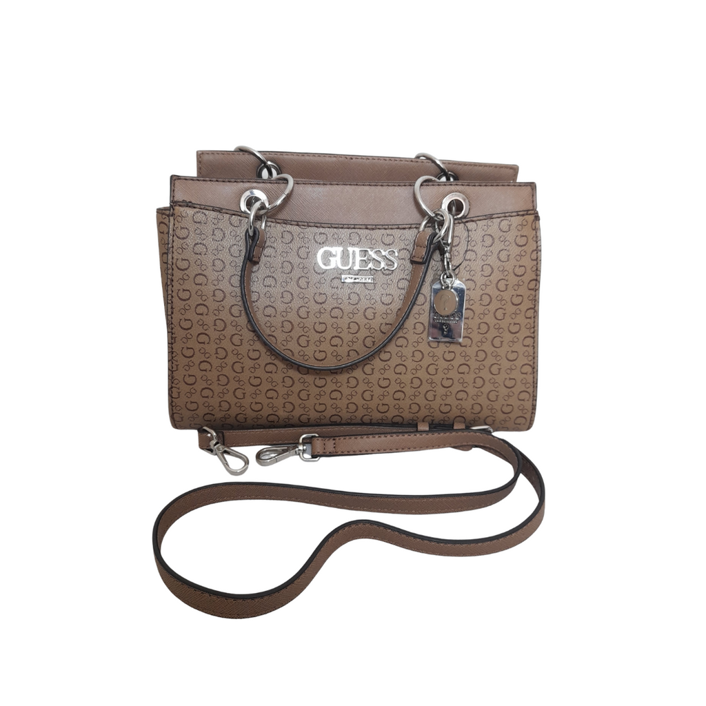 Guess Light Brown Monogram Satchel with Silver Tag | Like New |