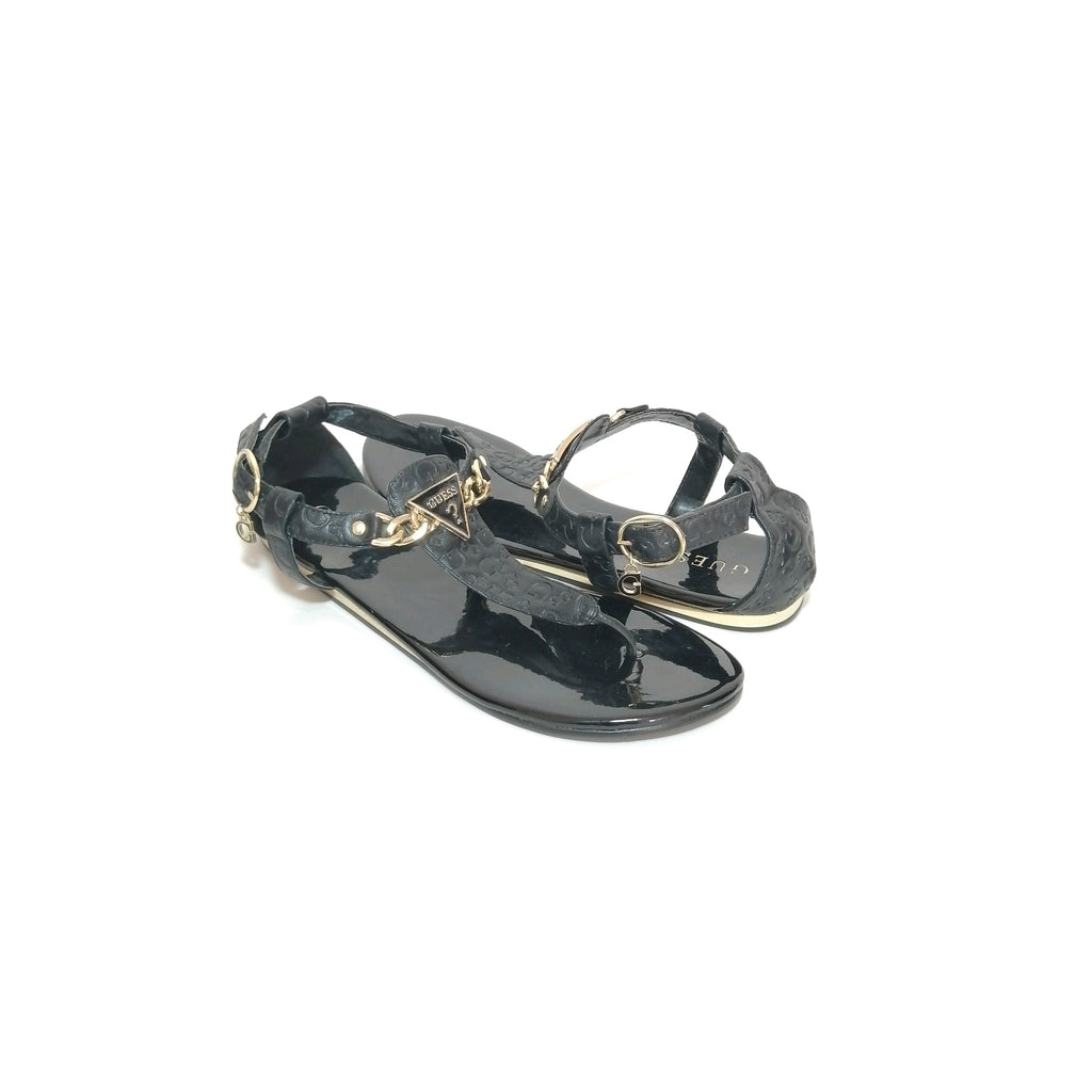 Guess Black Monogram & Gold Chain Thong Sandals