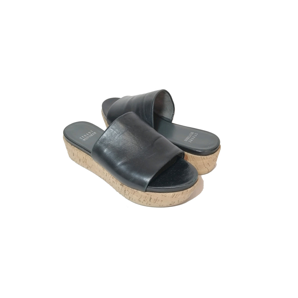 Stuart Weitzman Black Leather & Cork Wedges 