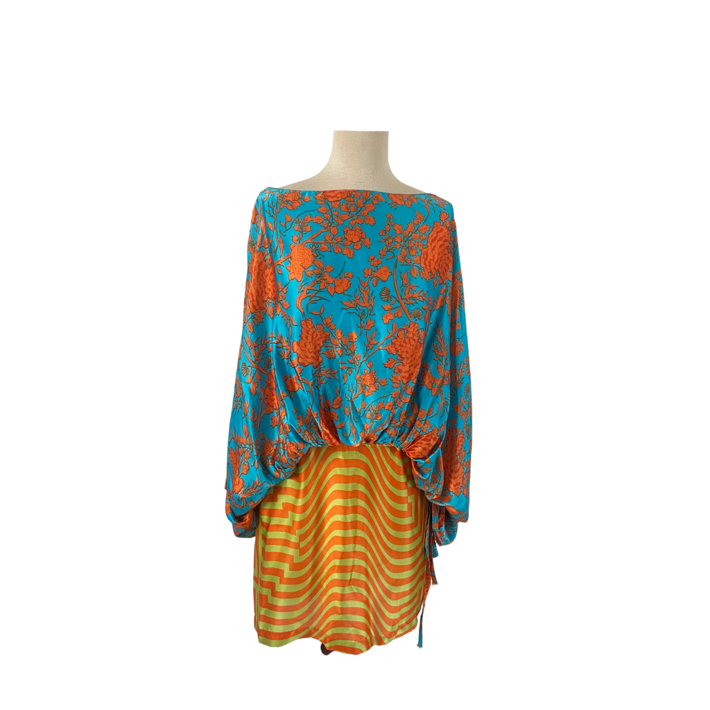 Sana Safinaz Orange & Blue Printed Silk Top | Gently Used |