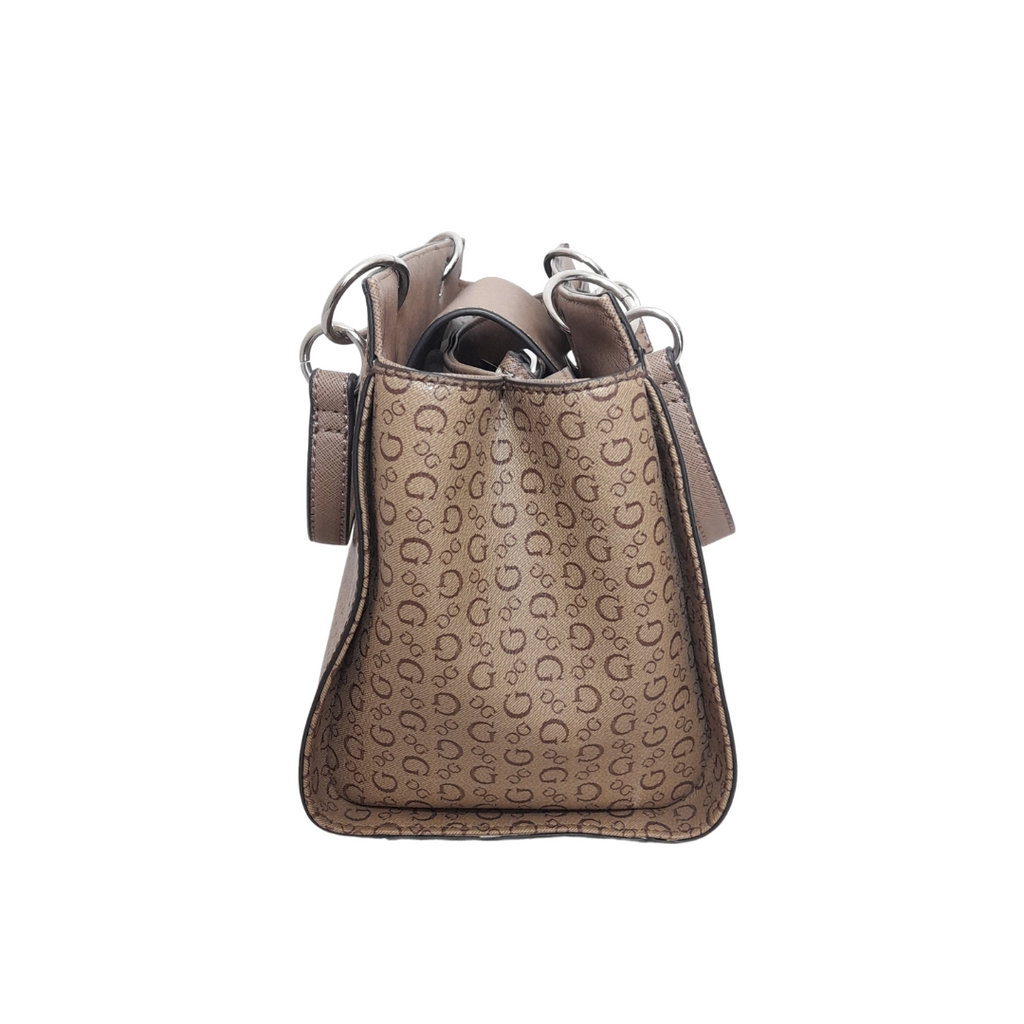 Guess Light Brown Monogram Satchel with Silver Tag | Like New |