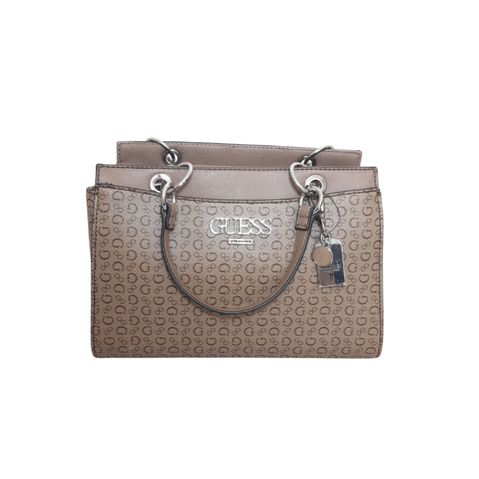 Guess Light Brown Monogram Satchel with Silver Tag | Like New |