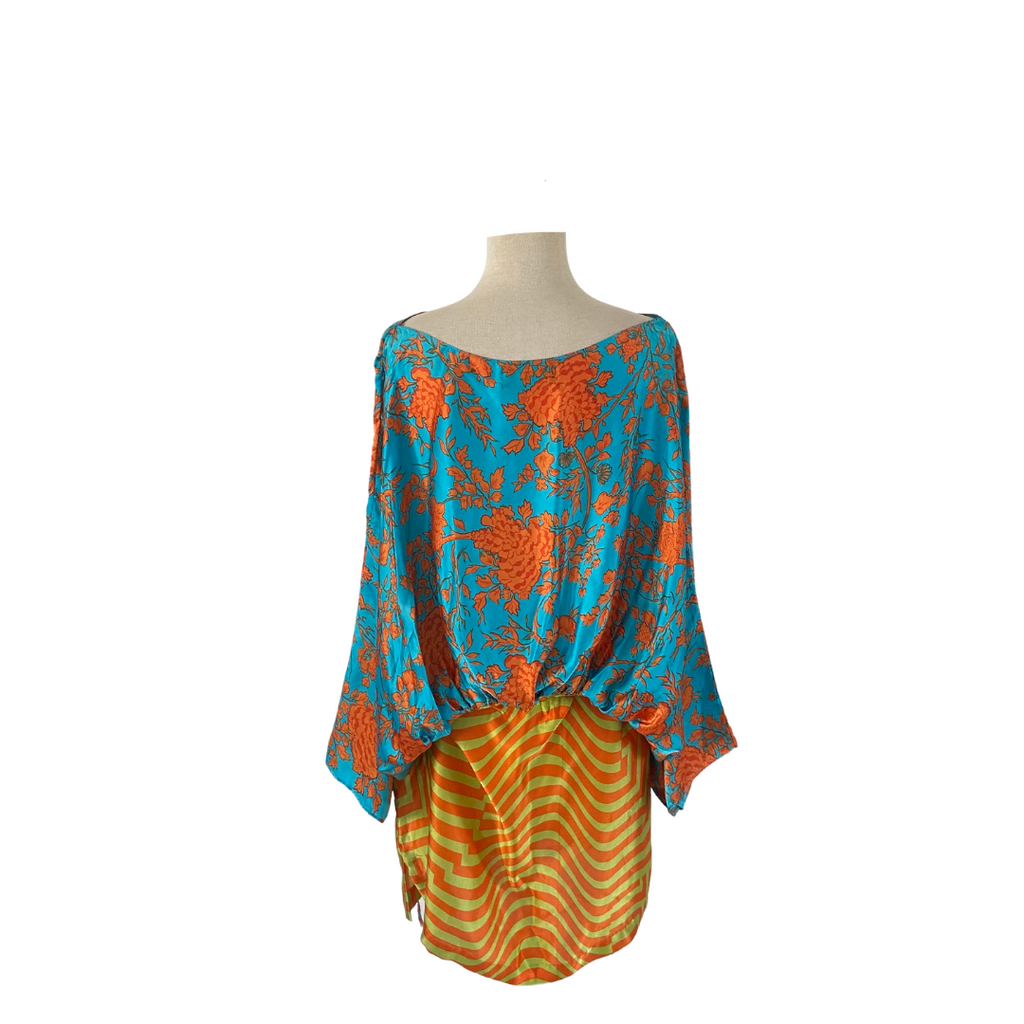 Sana Safinaz Orange & Blue Printed Silk Top | Gently Used |