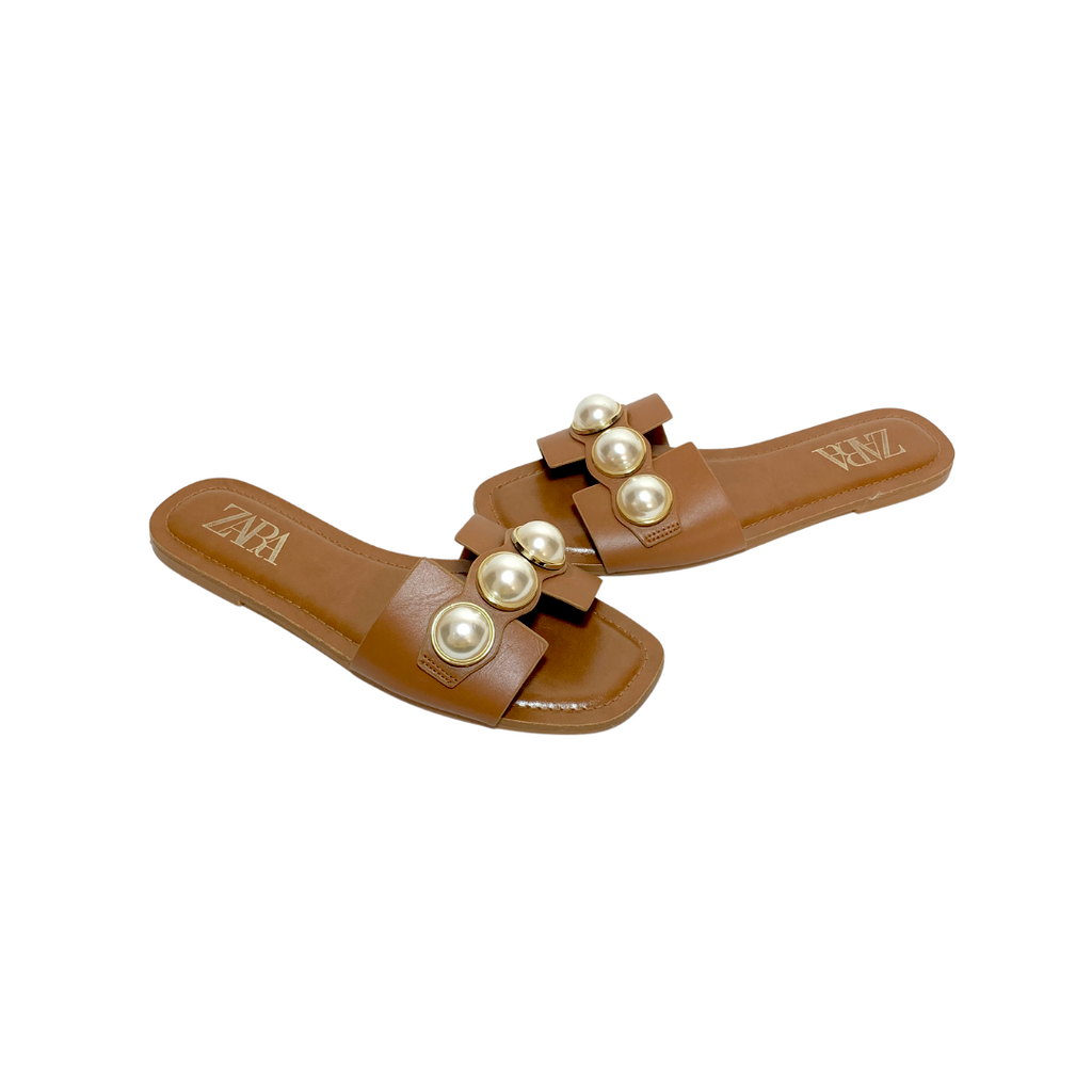 ZARA Tan Pearls Flat Slides | Gently Used |