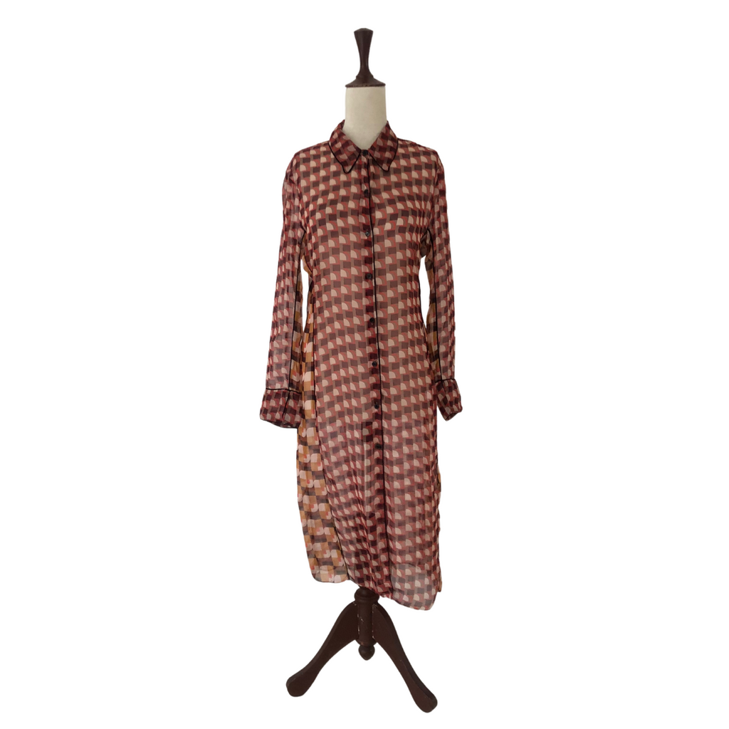 ZARA Red Printed Collared Sheer Long Top | Gently Used |
