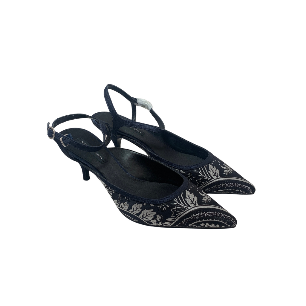 Charles & Keith Navy & Silver Printed Pointed Heels  | Like New |