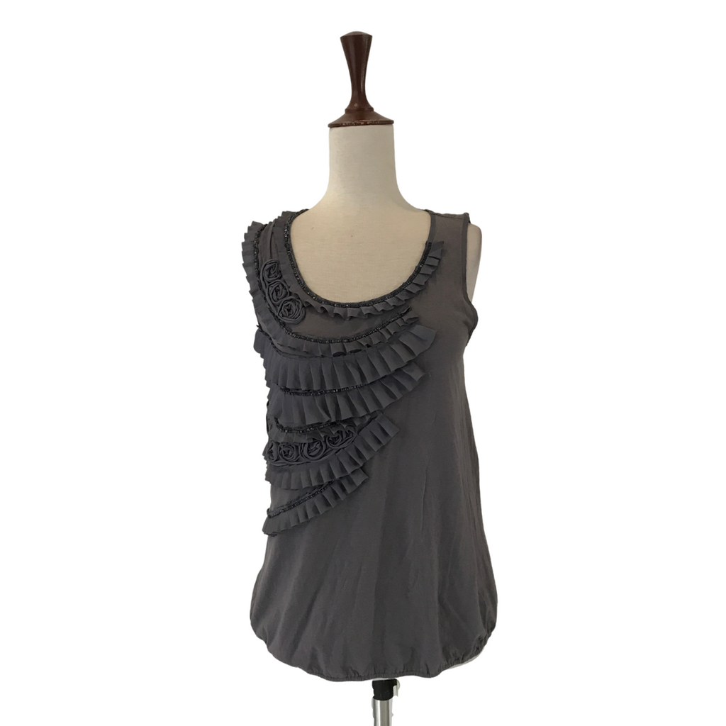 LOFT by Ann Taylor Grey Frill & Roses Sleeveless Top