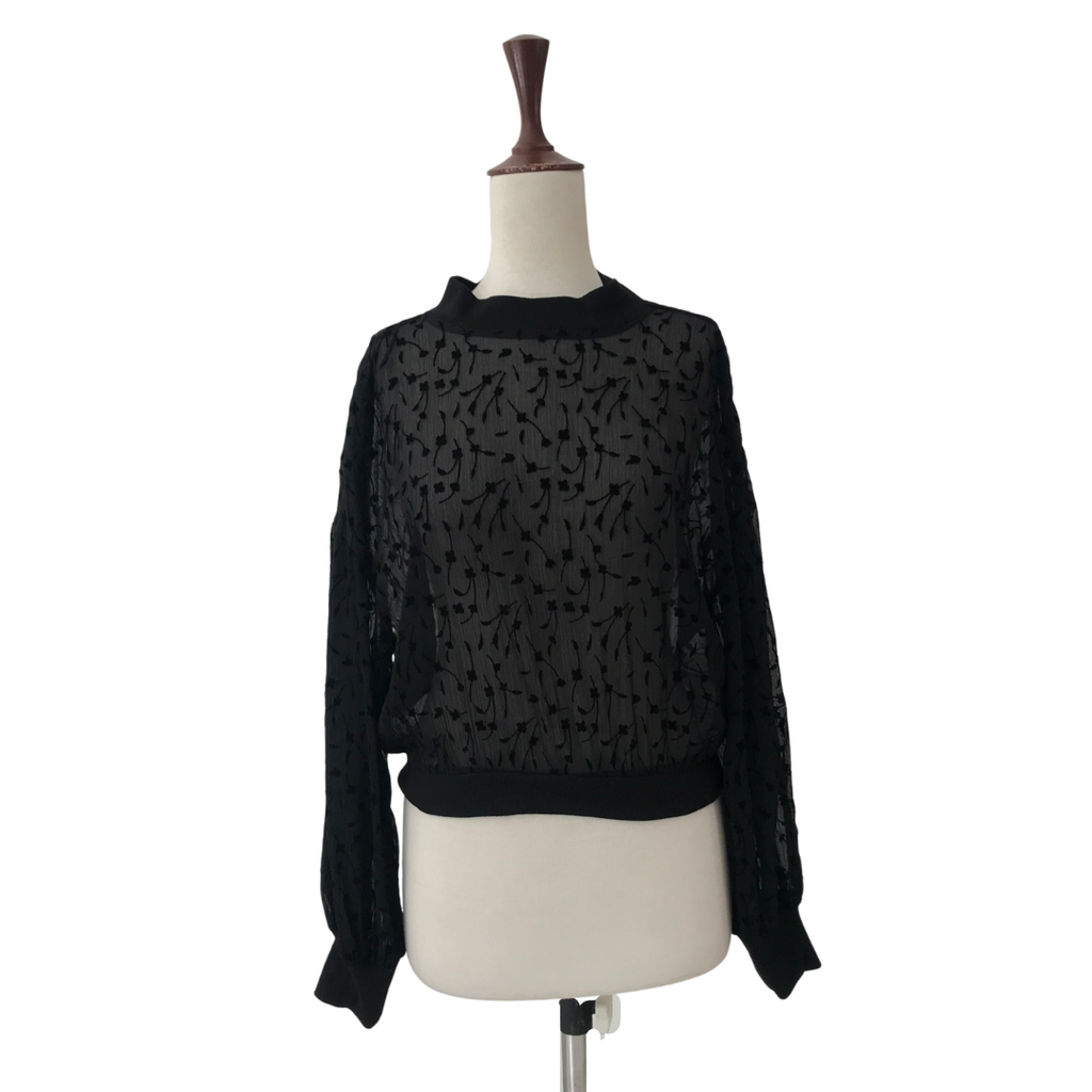 ZARA Black Sheer Floral Print High-neck Top | Gently Used |