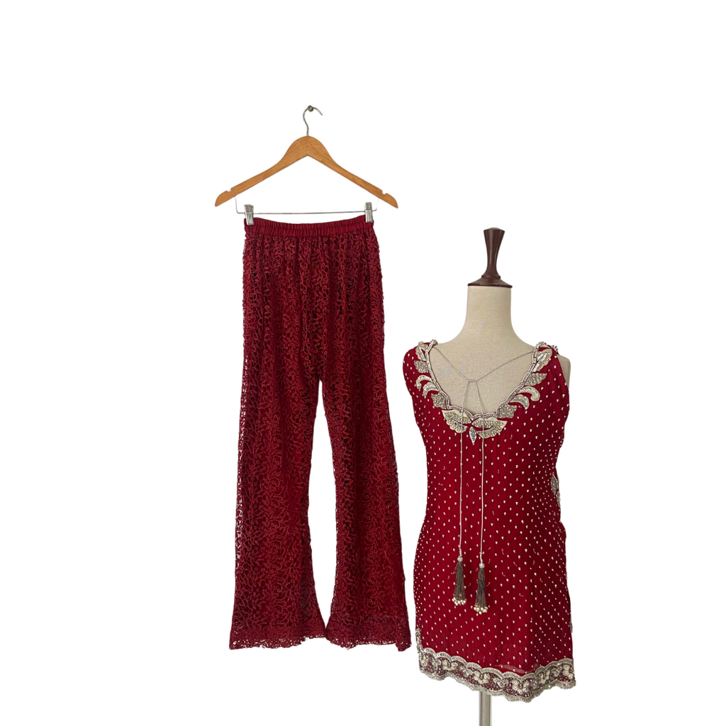 Berdi Red & Silver Sequins Kameez with Lace Pants | Pre Loved |