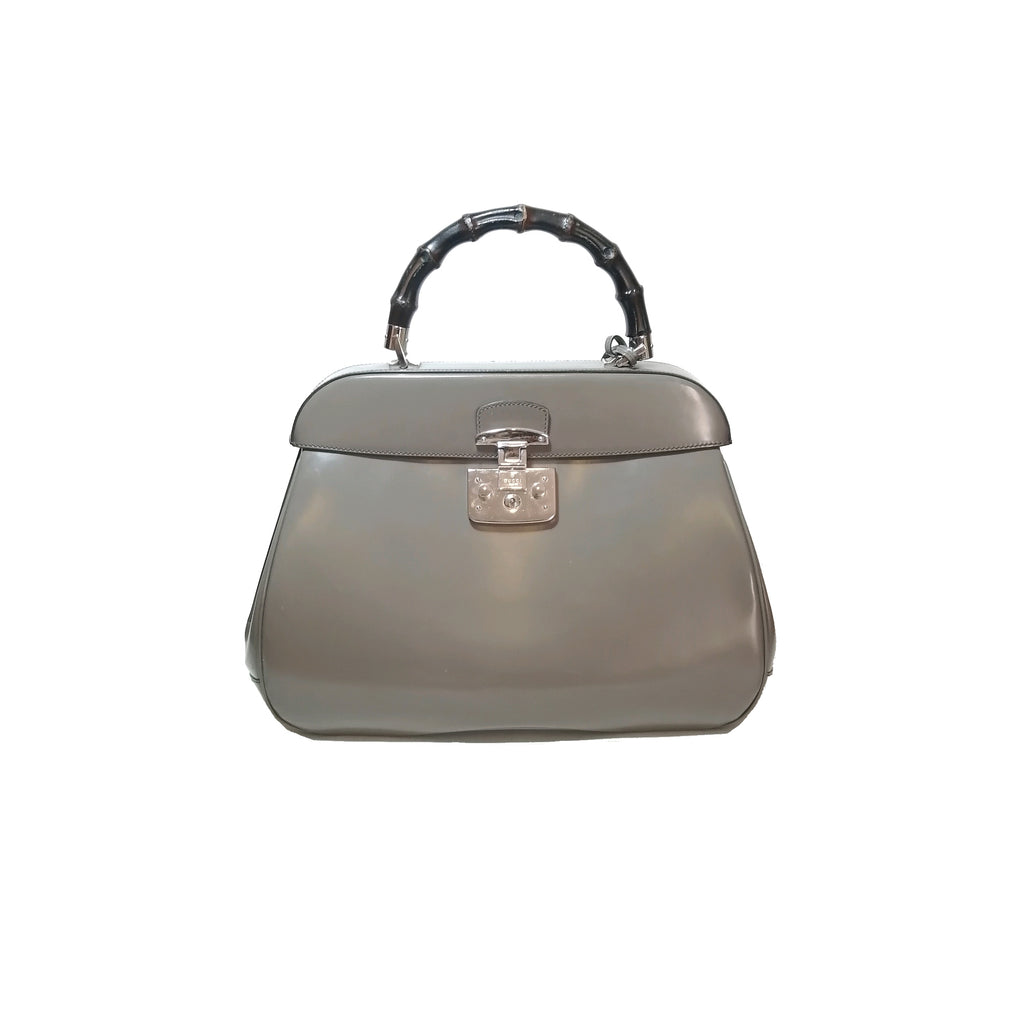 Gucci Lady Lock Grey Leather Bamboo Top Handle Tote 