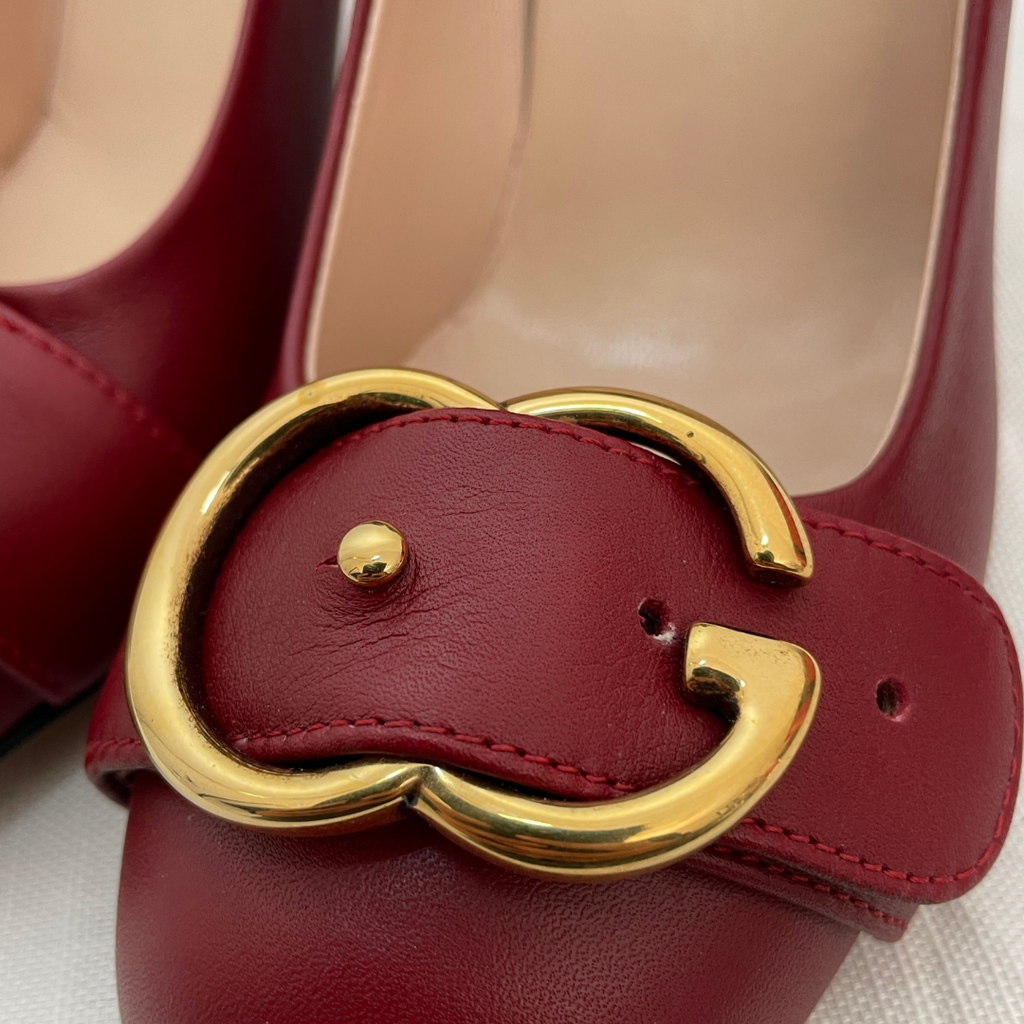 Gucci Red Leather Logo Block Heels | Gently Used |
