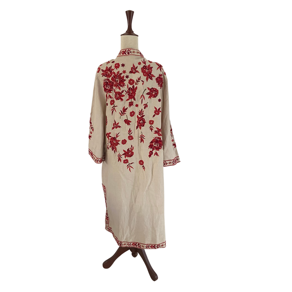 Mango Beige with Red Embroidery Open Long Jacket | Brand New |