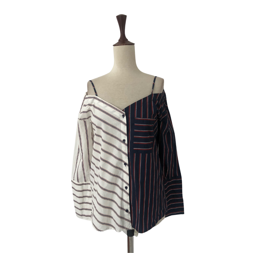 Mango White & Blue Diagonal Striped Cold-Shoulder Top | Gently Used |