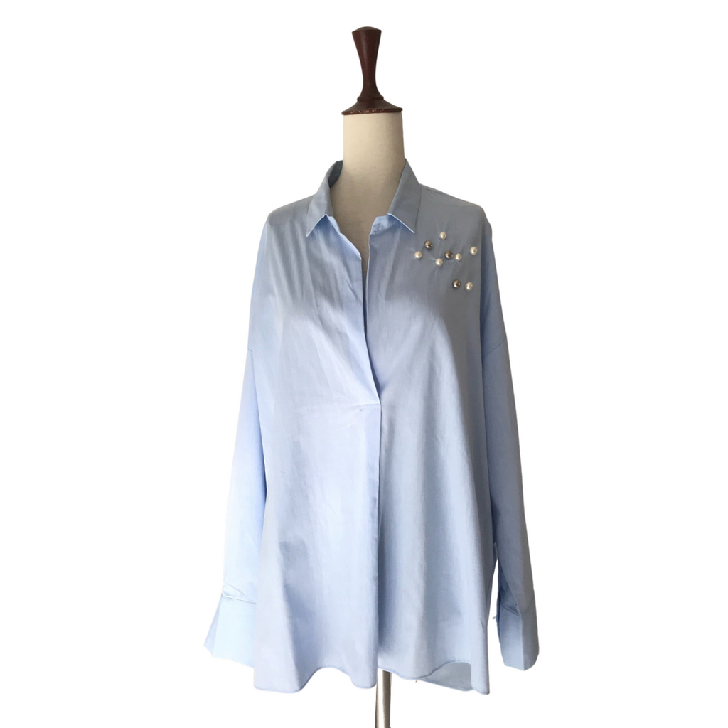 ZARA Light Blue with Pearls Collared Shirt | Pre Loved |