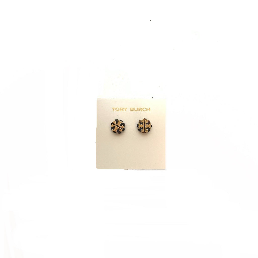 Tory Burch Tortoise & Gold Logo Stud Earrings | Brand New |