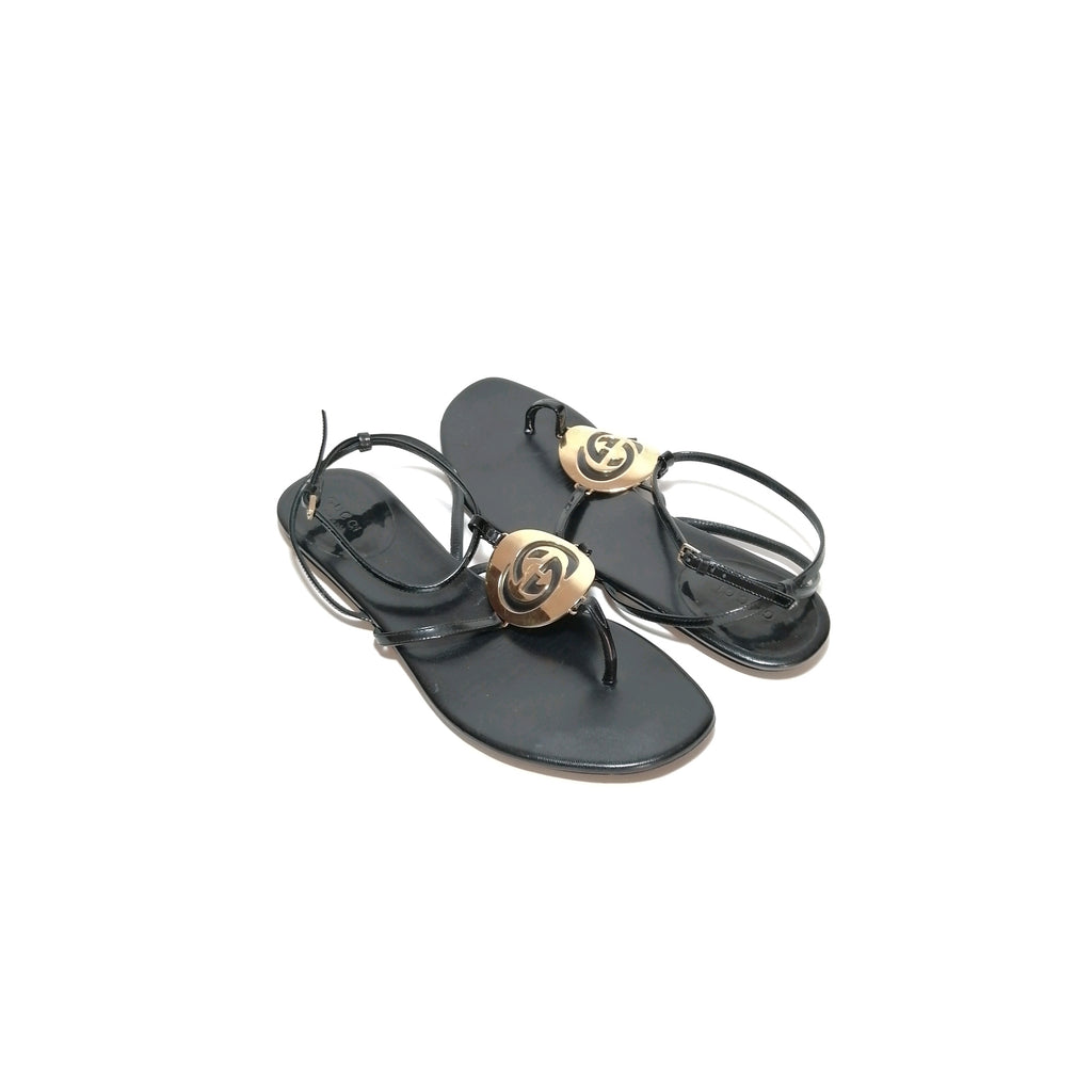 Gucci Black Leather Logo Flat Sandals
