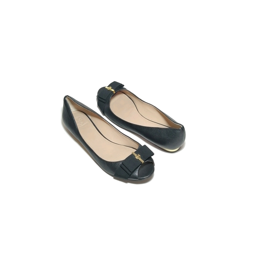 Tory Burch Black Leather 'Trudy' Peep Toe Gold Ribbon Flats