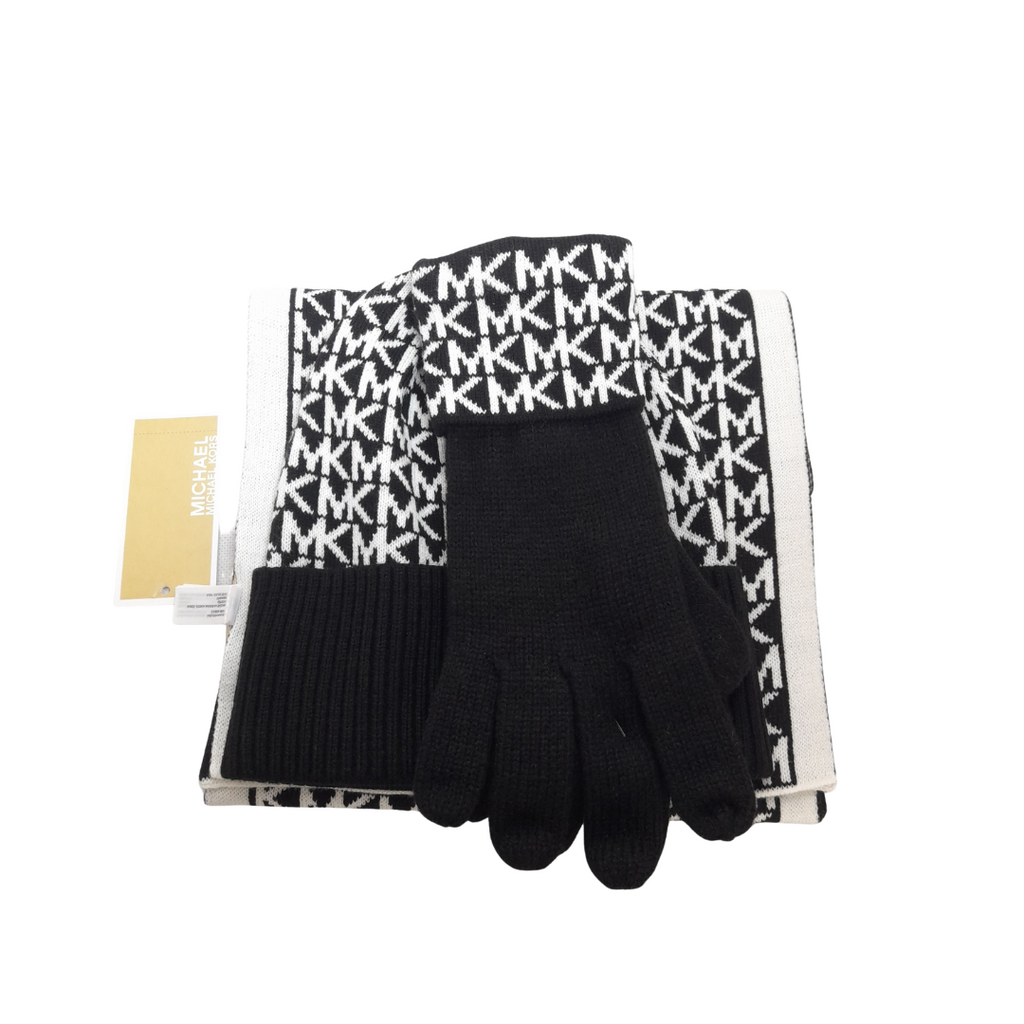 Michael Kors Black and White Monogram Scarf, Hat and Gloves Set | Brand New |