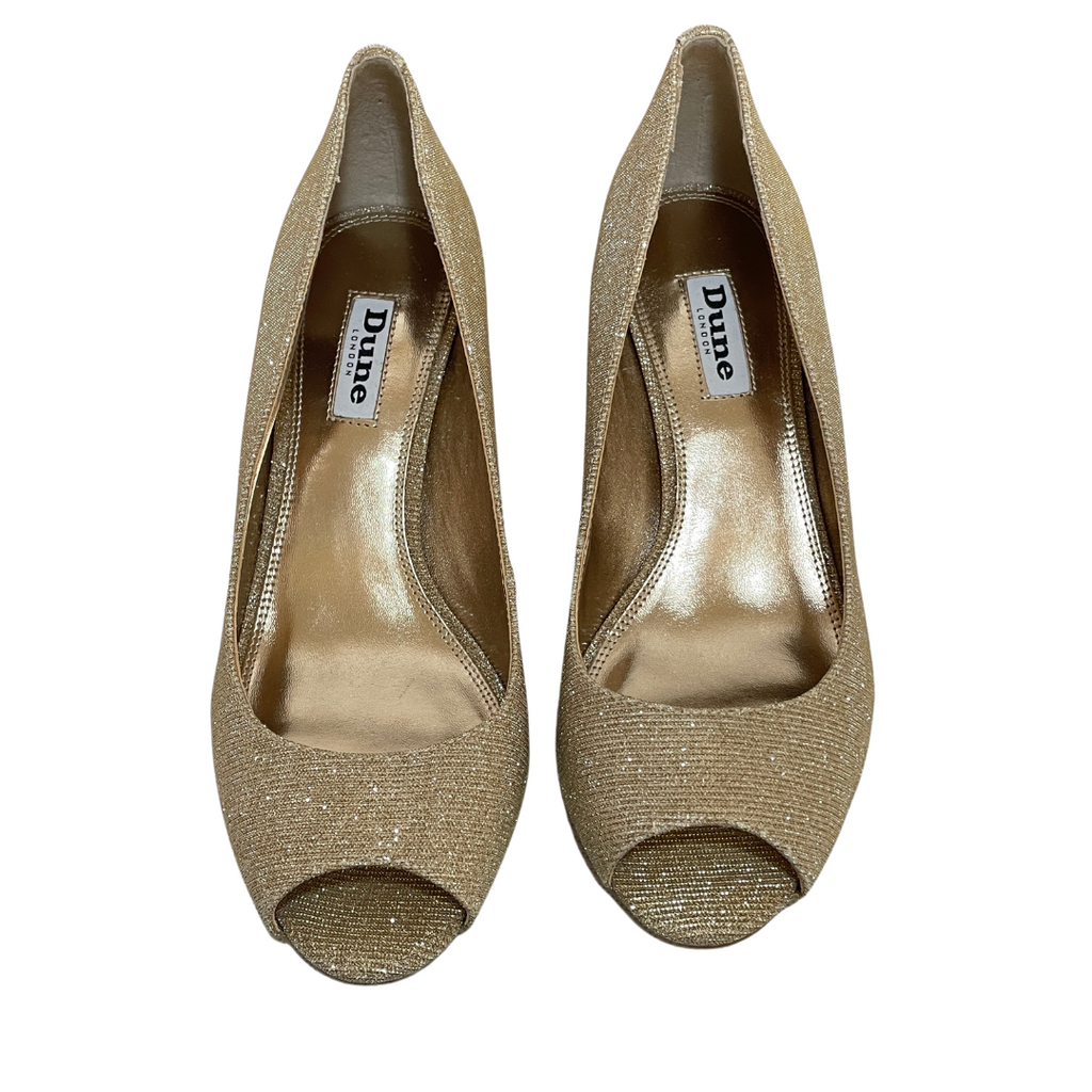 Dune 'CHERRIE' Gold Glitter Fabric Peep-toe Heels | Gently Used |