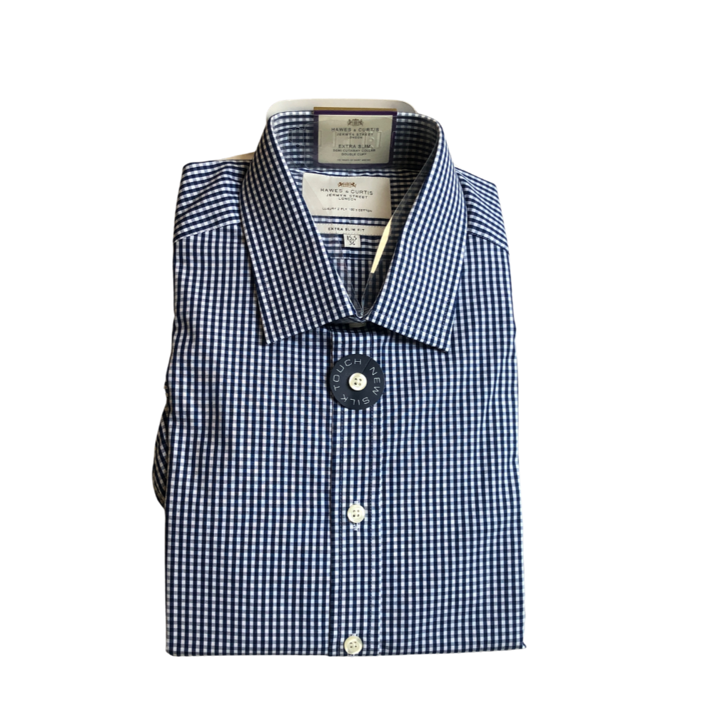 Hawes & Curtis Blue and White Small Checks Slim Fit Collared Shirt | Brand New |