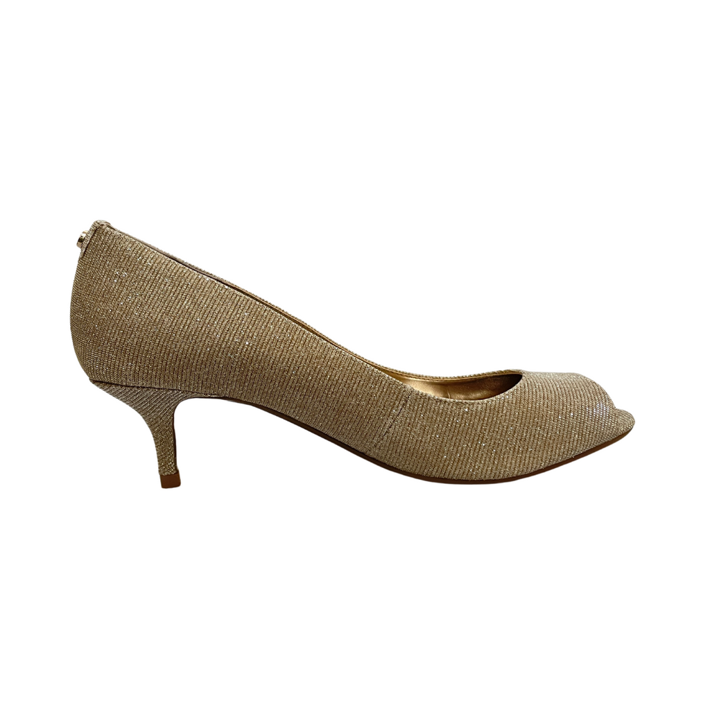 Dune 'CHERRIE' Gold Glitter Fabric Peep-toe Heels | Gently Used |